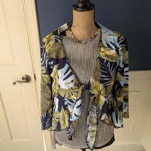 Tropical Leaf Print Tie-Front Blouse